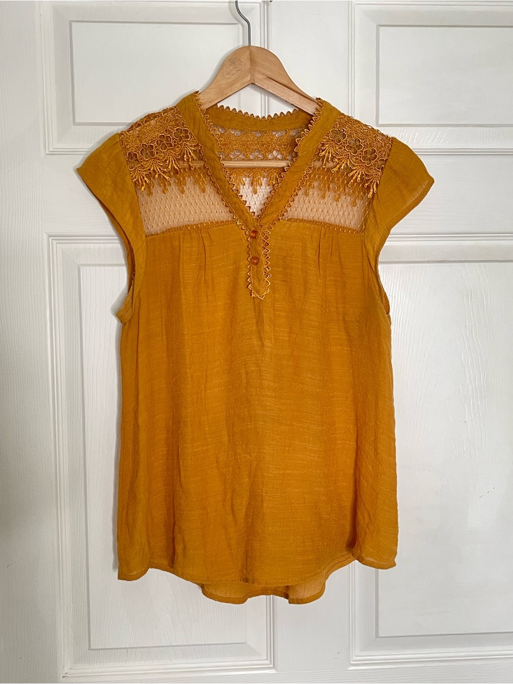 Sweet Wanderer Mustard Lace Yoke Cap-Sleeve Top